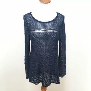 Joie Linen Long Sleeve‎ Open Knit Crochet Sweater Navy Blue Women’s Sz Medium